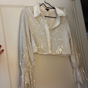 NBD Sequin Cropped Button-Down Shirt in White